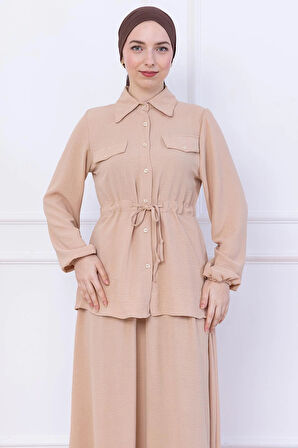 Beli Bağlamalı Etekli Ayrobin Takım Bej HM2734