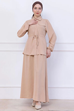 Beli Bağlamalı Etekli Ayrobin Takım Bej HM2734