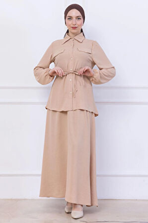 Beli Bağlamalı Etekli Ayrobin Takım Bej HM2734