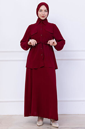 Beli Bağlamalı Etekli Ayrobin Takım Bordo HM2734