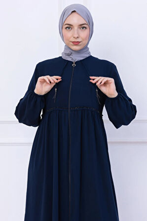 Büzgülü Taşlı Ferace Lacivert HM2732