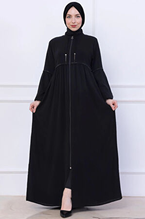 Büzgülü Taşlı Ferace Siyah HM2732