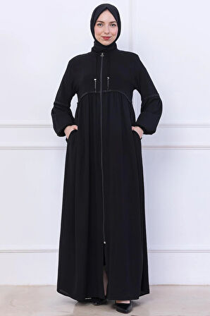 Büzgülü Taşlı Ferace Siyah HM2732
