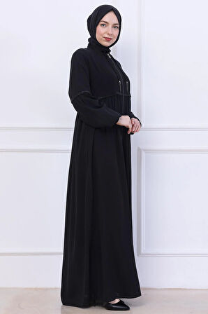 Büzgülü Taşlı Ferace Siyah HM2732