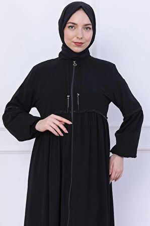 Büzgülü Taşlı Ferace Siyah HM2732