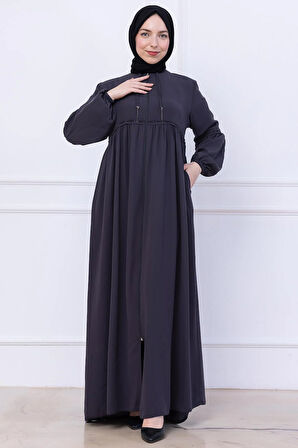 Büzgülü Taşlı Ferace Füme HM2732