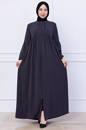 Büzgülü Taşlı Ferace Füme HM2732