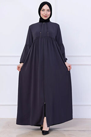 Büzgülü Taşlı Ferace Füme HM2732