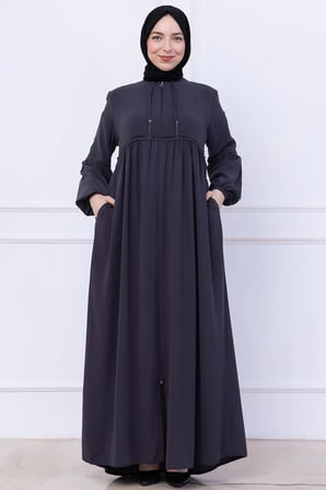 Büzgülü Taşlı Ferace Füme HM2732