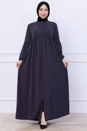 Büzgülü Taşlı Ferace Füme HM2732