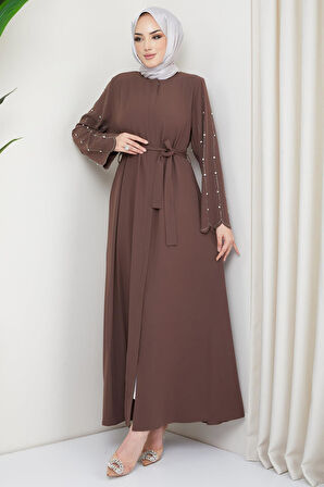 Kolu Taşlı Gizli Patlı Ferace Kahverengi