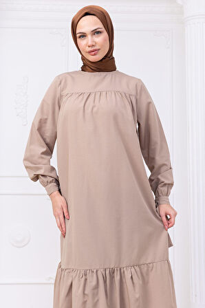 Robalı Kol Ucu Bağlamalı Elbise Bej HM2081