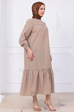 Robalı Kol Ucu Bağlamalı Elbise Bej HM2081