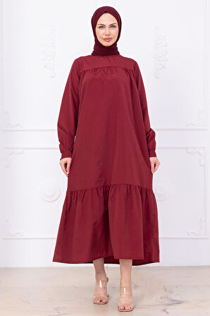 Robalı Kol Ucu Bağlamalı Elbise Bordo HM2081