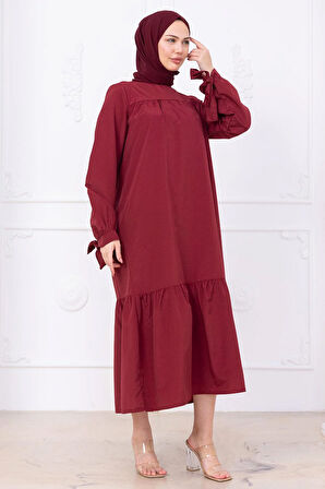 Robalı Kol Ucu Bağlamalı Elbise Bordo HM2081