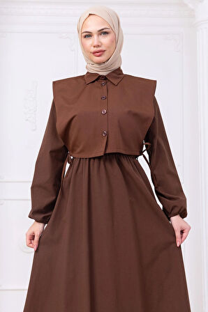 Bolerolu Beli Lastikli Elbise Kahverengi HM2756