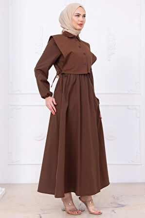 Bolerolu Beli Lastikli Elbise Kahverengi HM2756