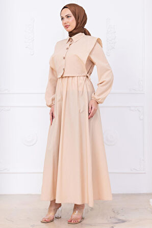 Bolerolu Beli Lastikli Elbise Bej HM2756