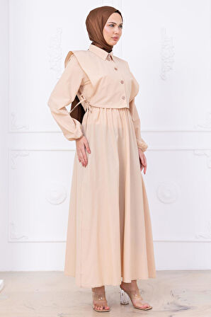 Bolerolu Beli Lastikli Elbise Bej HM2756