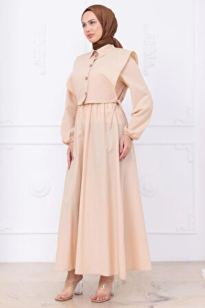 Bolerolu Beli Lastikli Elbise Bej HM2756