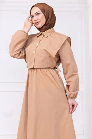 Bolerolu Beli Lastikli Elbise Camel HM2756