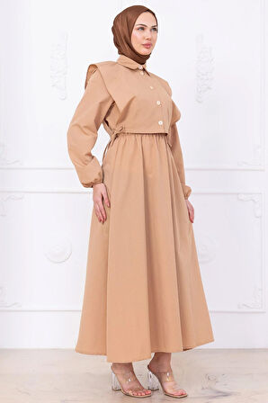 Bolerolu Beli Lastikli Elbise Camel HM2756