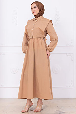 Bolerolu Beli Lastikli Elbise Camel HM2756