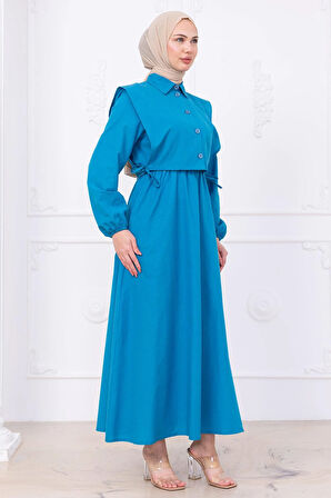 Bolerolu Beli Lastikli Elbise Mavi HM2756