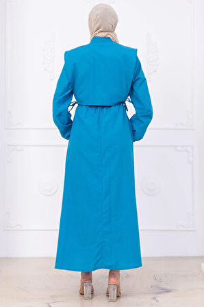 Bolerolu Beli Lastikli Elbise Mavi HM2756