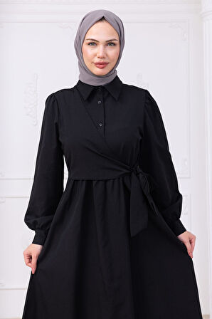 Yandan Bağlamalı Tesettür Elbise Siyah HM2753