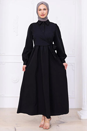 Yandan Bağlamalı Tesettür Elbise Siyah HM2753