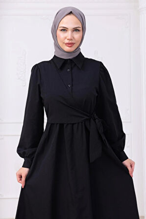 Yandan Bağlamalı Tesettür Elbise Siyah HM2753