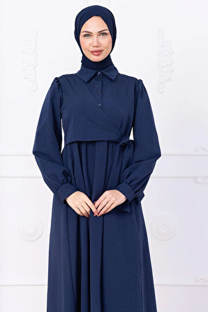 Yandan Bağlamalı Tesettür Elbise Lacivert HM2753