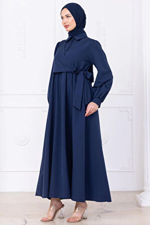 Yandan Bağlamalı Tesettür Elbise Lacivert HM2753