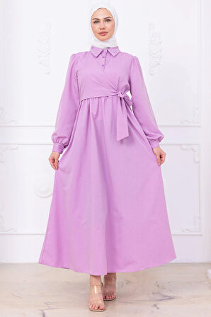 Yandan Bağlamalı Tesettür Elbise Lila HM2753