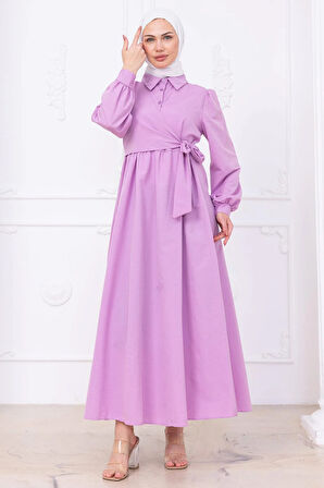 Yandan Bağlamalı Tesettür Elbise Lila HM2753