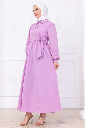Yandan Bağlamalı Tesettür Elbise Lila HM2753