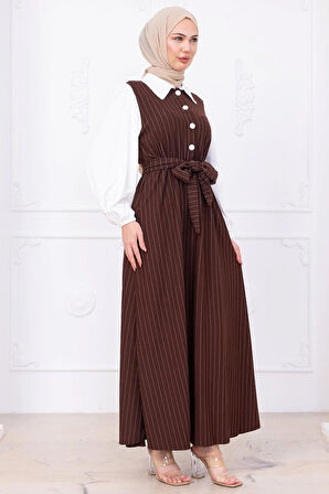 Kol Garnili Çizgili Tesettür Elbise Kahverengi HM2740