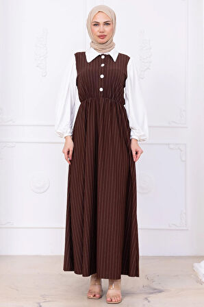Kol Garnili Çizgili Tesettür Elbise Kahverengi HM2740