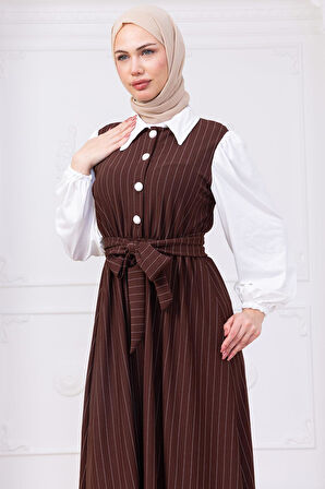 Kol Garnili Çizgili Tesettür Elbise Kahverengi HM2740