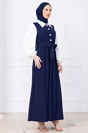 Kol Garnili Çizgili Tesettür Elbise Lacivert HM2740