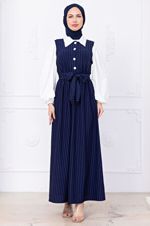 Kol Garnili Çizgili Tesettür Elbise Lacivert HM2740