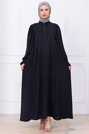 Kolları Lastikli Eva Tesettür Elbise Siyah HM2758