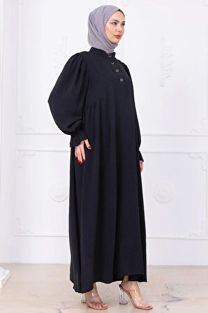 Kolları Lastikli Eva Tesettür Elbise Siyah HM2758