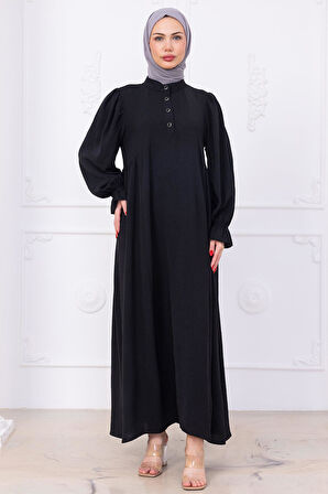 Kolları Lastikli Eva Tesettür Elbise Siyah HM2758