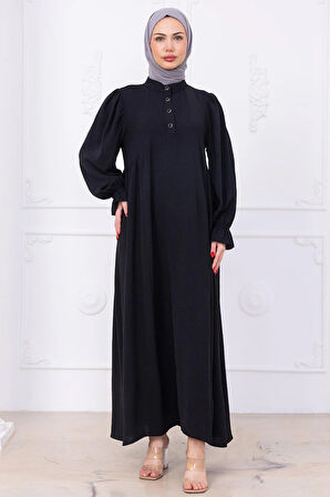 Kolları Lastikli Eva Tesettür Elbise Siyah HM2758