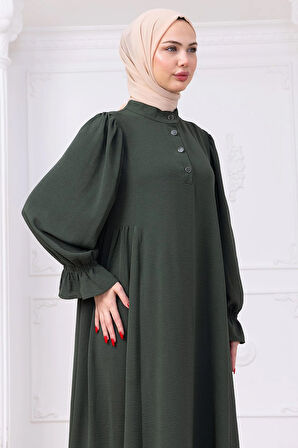 Kolları Lastikli Eva Tesettür Elbise Haki HM2758