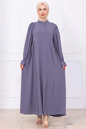 Kolları Lastikli Eva Tesettür Elbise Gri HM2758