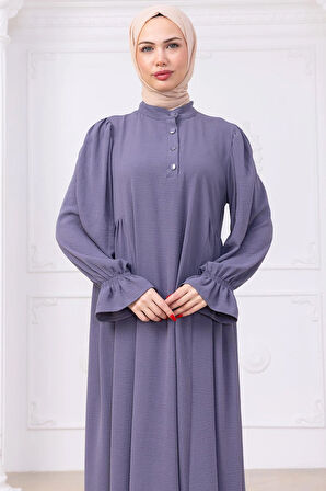Kolları Lastikli Eva Tesettür Elbise Gri HM2758