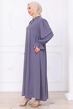 Kolları Lastikli Eva Tesettür Elbise Gri HM2758